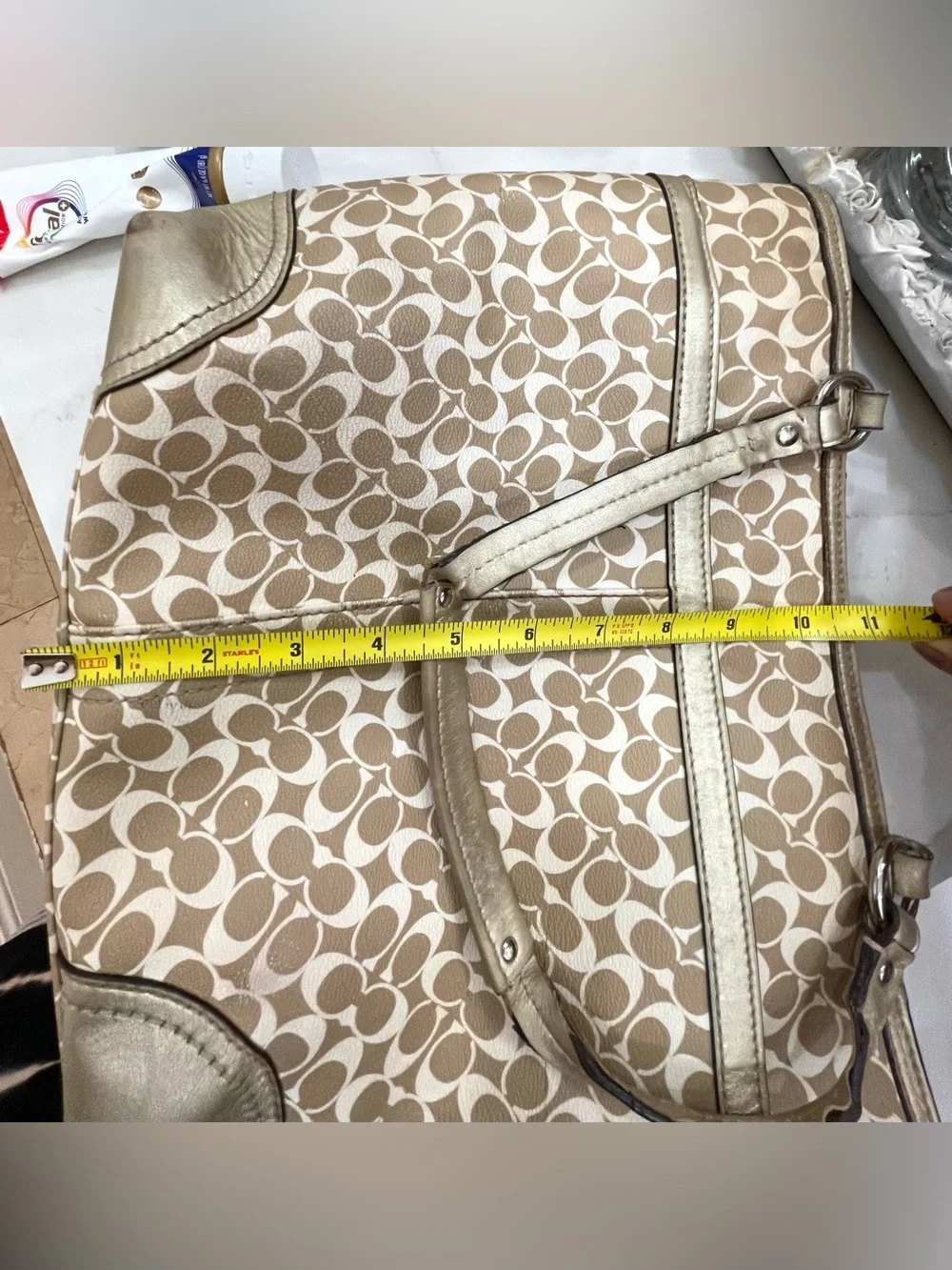 Coach Beige Signature Stripe Tote with Gold Trim
